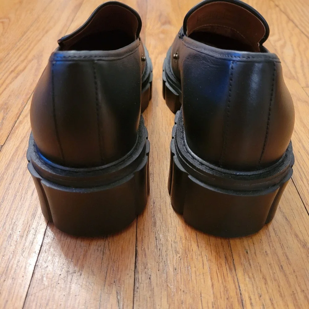 Vionic Elodie Black Leather‎ Lug Sole Platform Loafers 6 Slip On Shoes Academia
